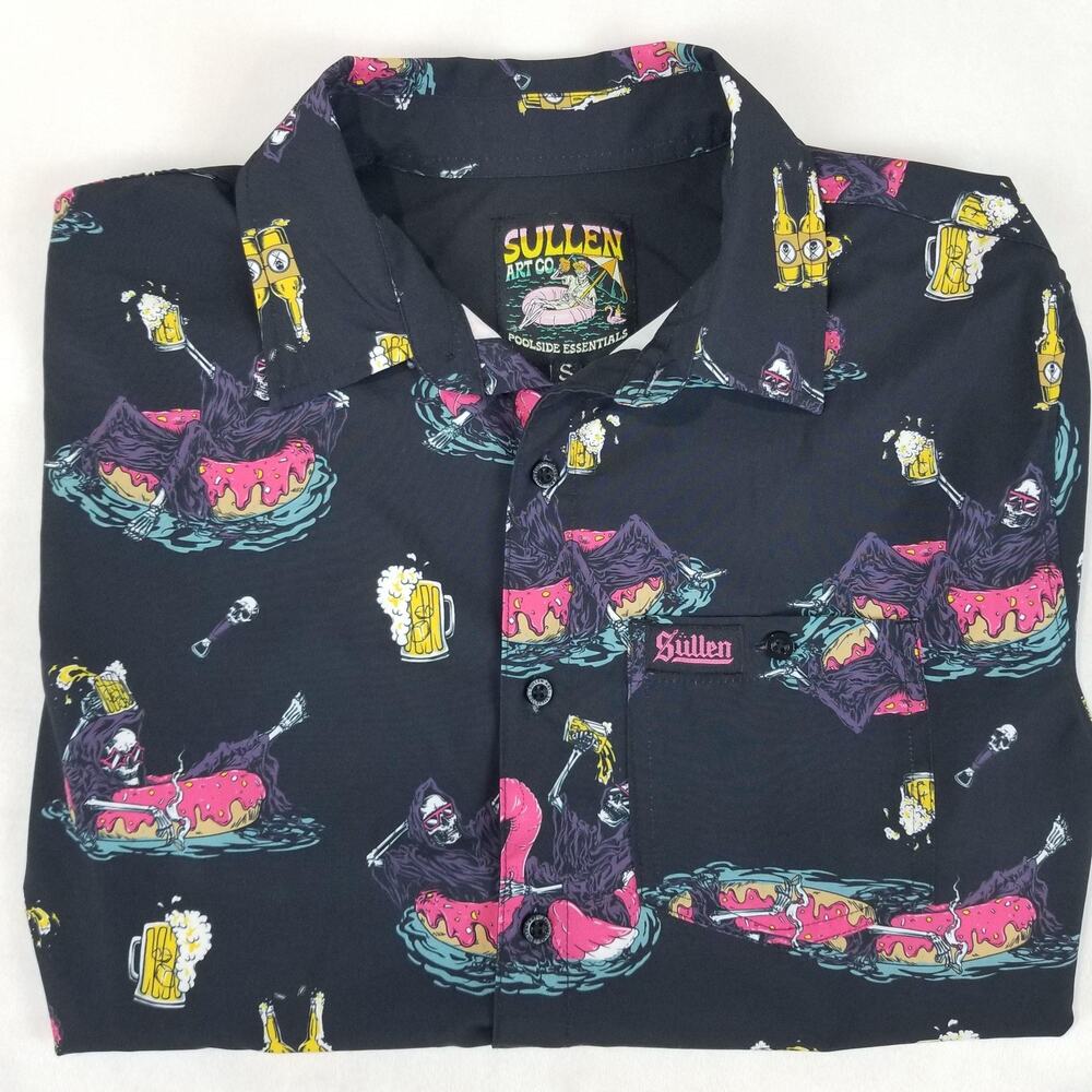 Sullen Art Co Shirt Mens Small Black Poolside Essentials Reaper Beer Button Up - Picture 2 of 10